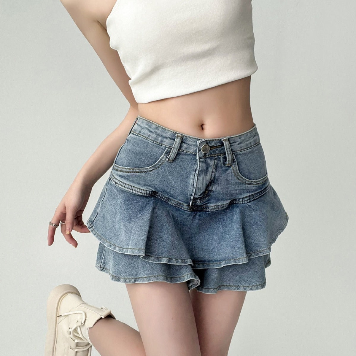 Designer Ruffled Denim Mini Skirt With Figure Hugging Fit