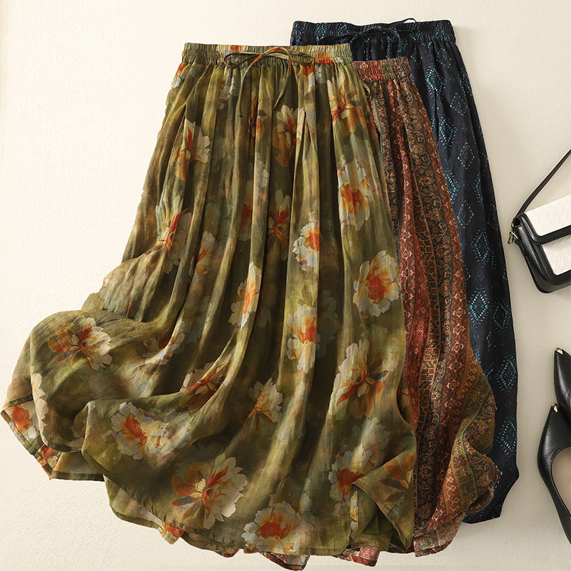 Women's Retro Printed Double Layer Pleated Mid Length Skirt