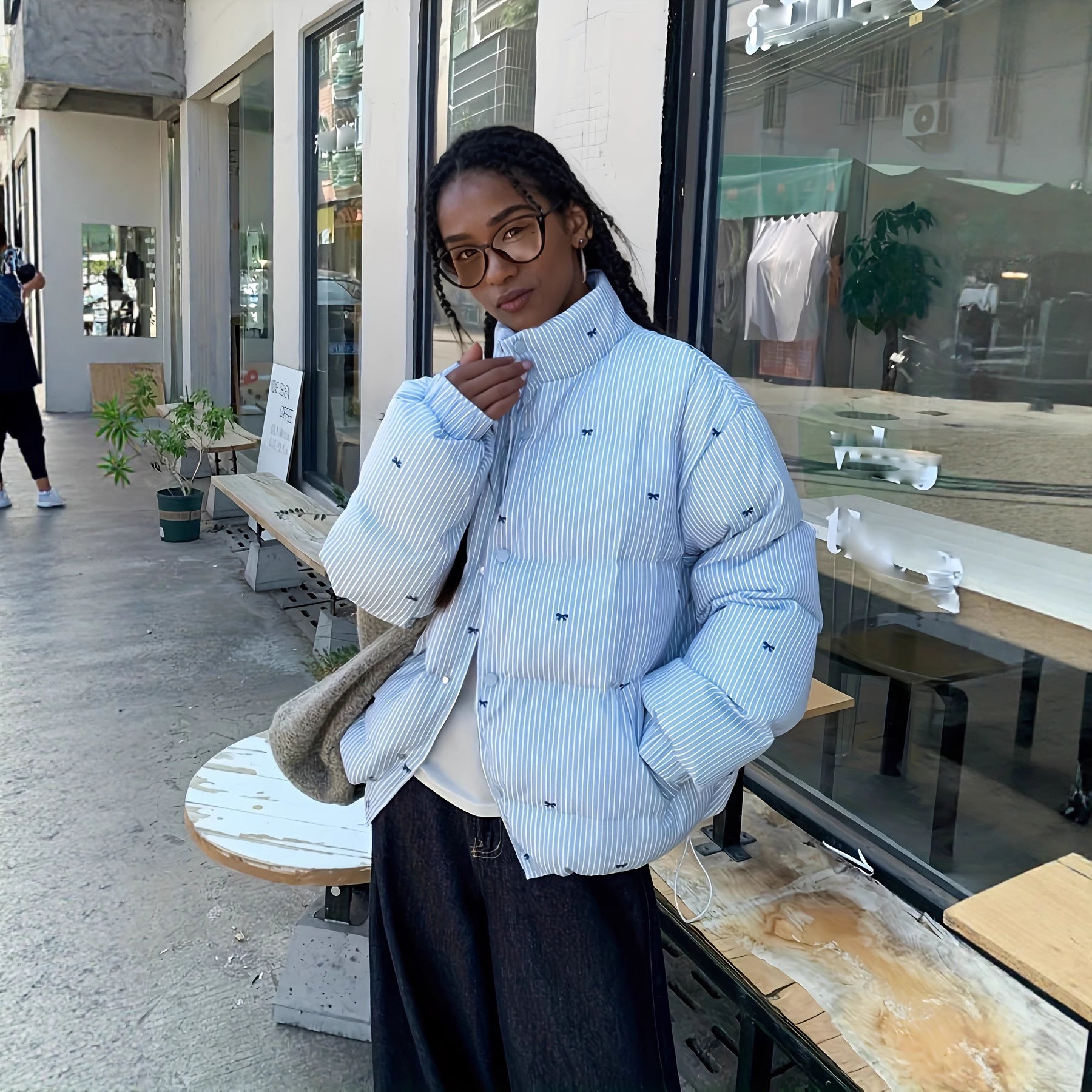 Striped Bow Short Warm Polyester Coat With Bow Detail For Women