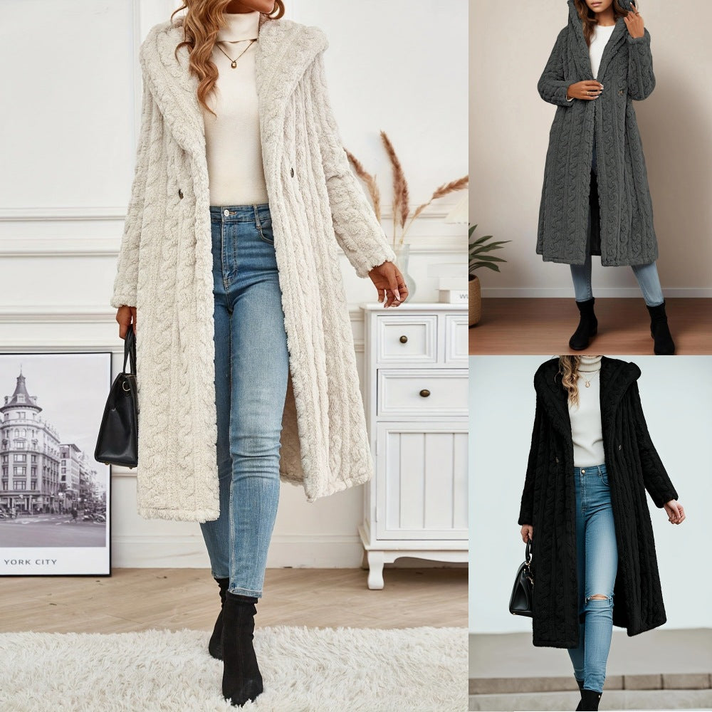 Long Hooded Wool Blend Coat With Button Closure