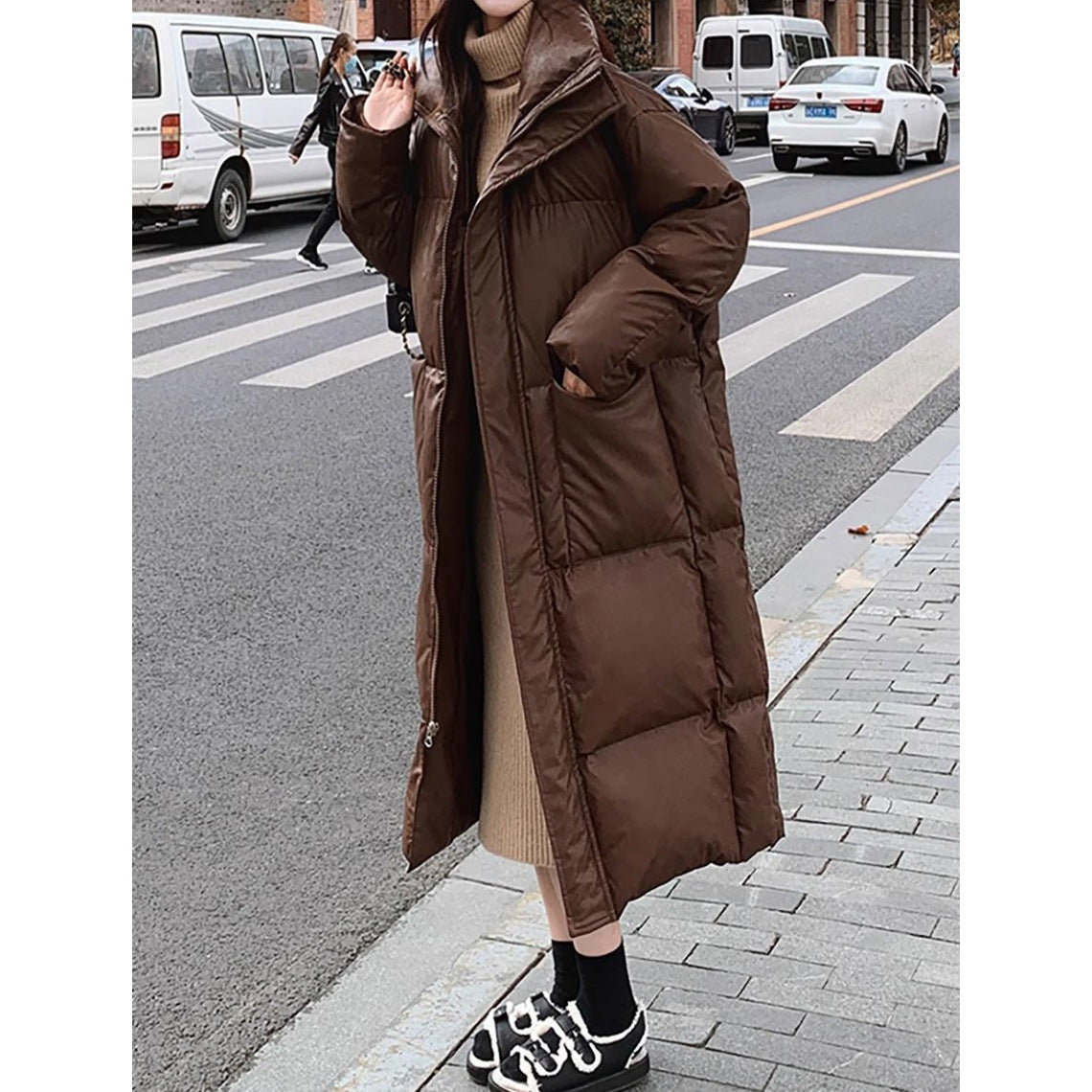 Coffee Brown Mid-Length Padded Puffer Jacket With Zipper