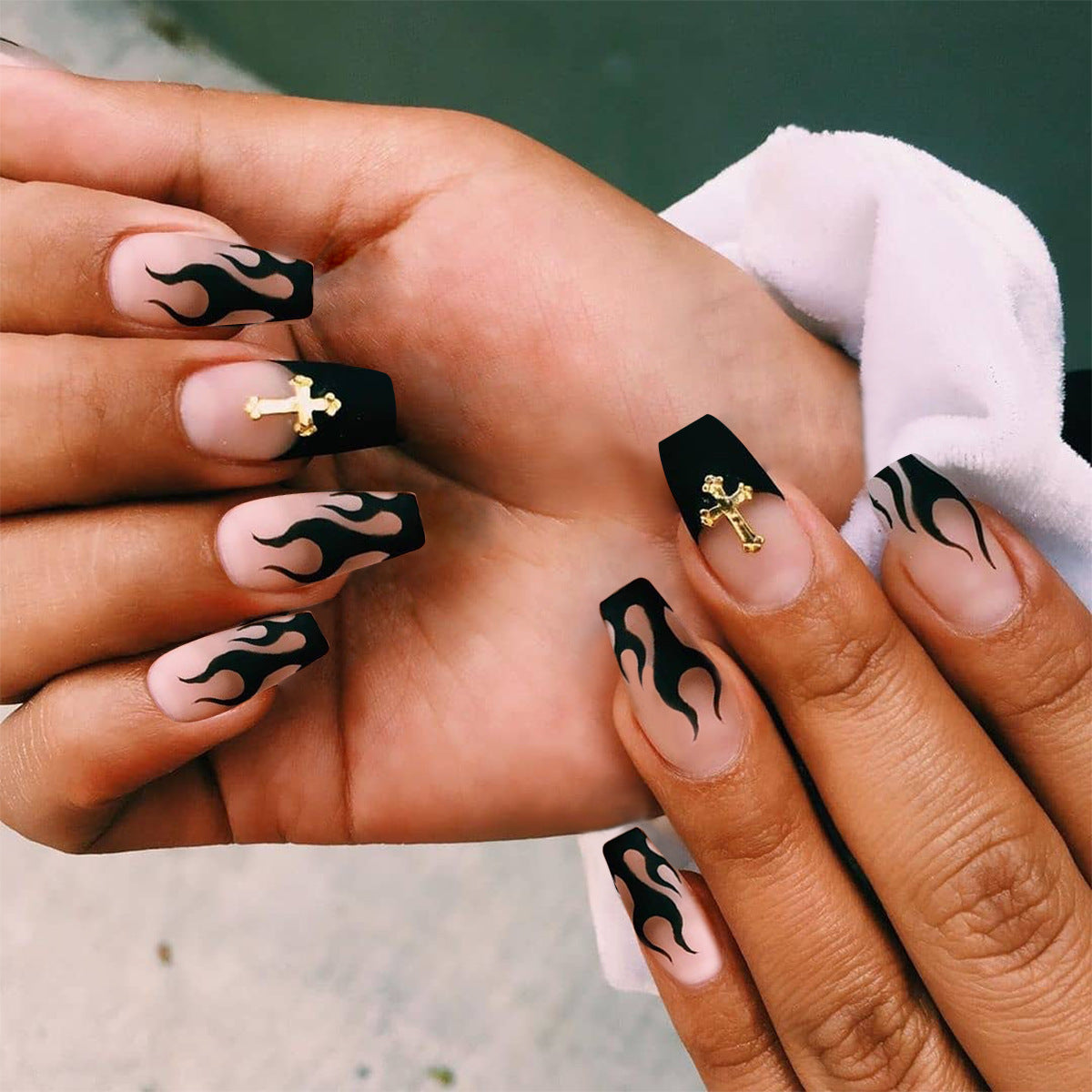 Blunt Ballet Coffin Nails with Black Flames and Gold Cross Charms-Black-Theone Apparel