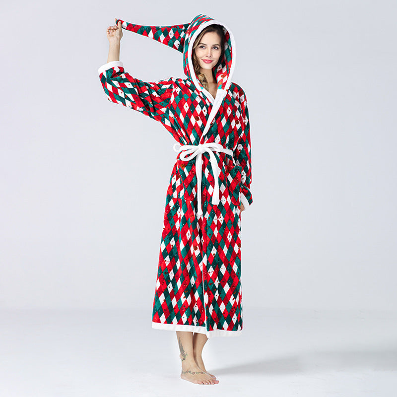 Cute Women's Red White and Green Christmas Themed Robe with Hood-Theone Apparel
