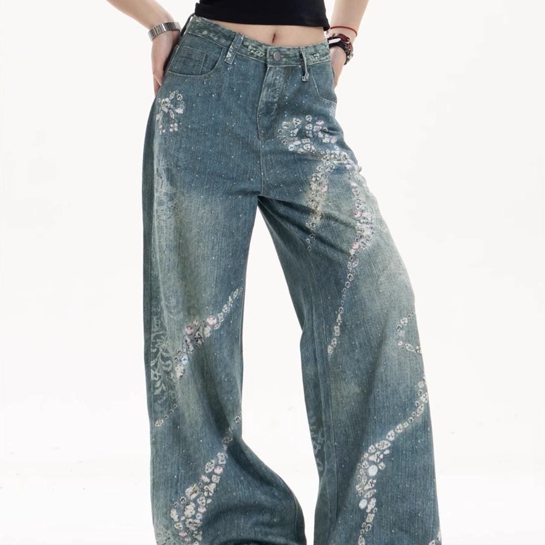 Playful Bowknot Print Wide-Leg Jeans with Feminine Twist-Theone Apparel