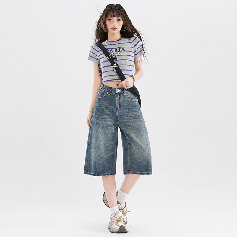 Retro Cropped High Street Jeans with Summer Americana Vibes-Theone Apparel