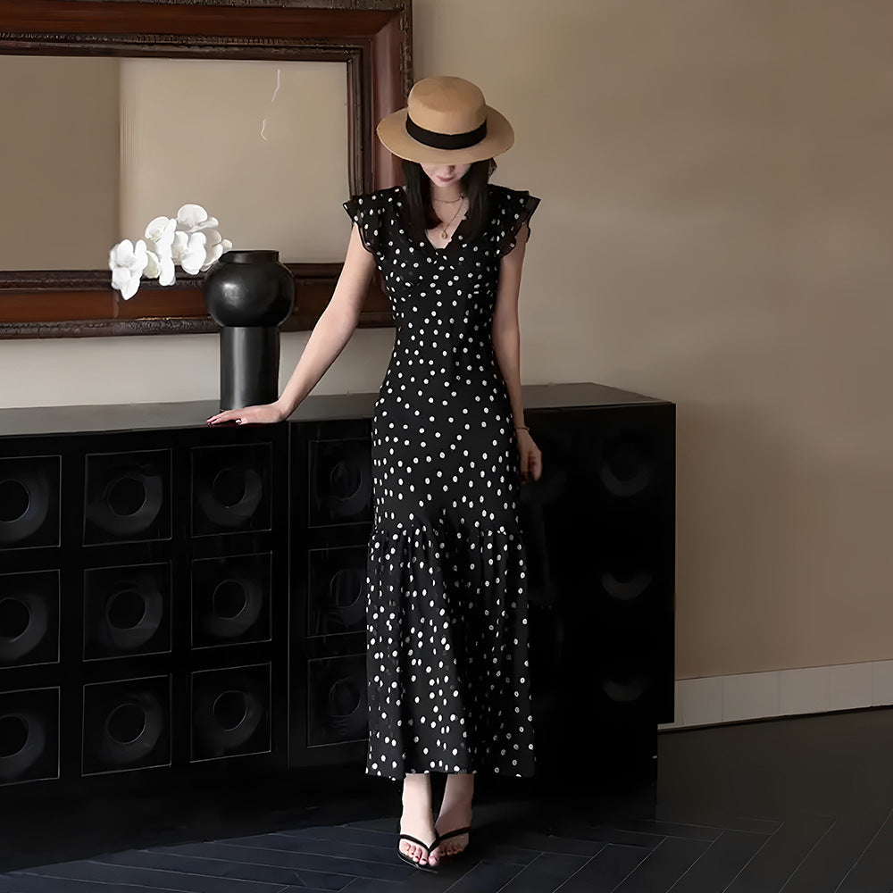 Sleek Black Polka Dot Dress with French-Inspired Slim Fit-Theone Apparel