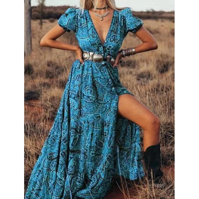 Women's Short Sleeved Paisley Patterned Button Down Maxi Dress