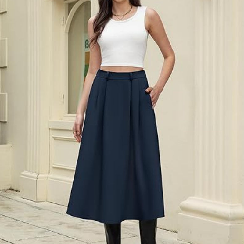 Business-casual Flared A-line Pleated Skirt With Pockets