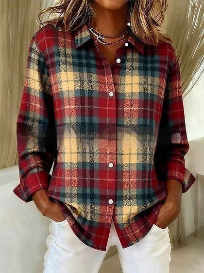 Women's Long-Sleeve Shirt Casual Loose-Fit Plus-Size Collared Blouse