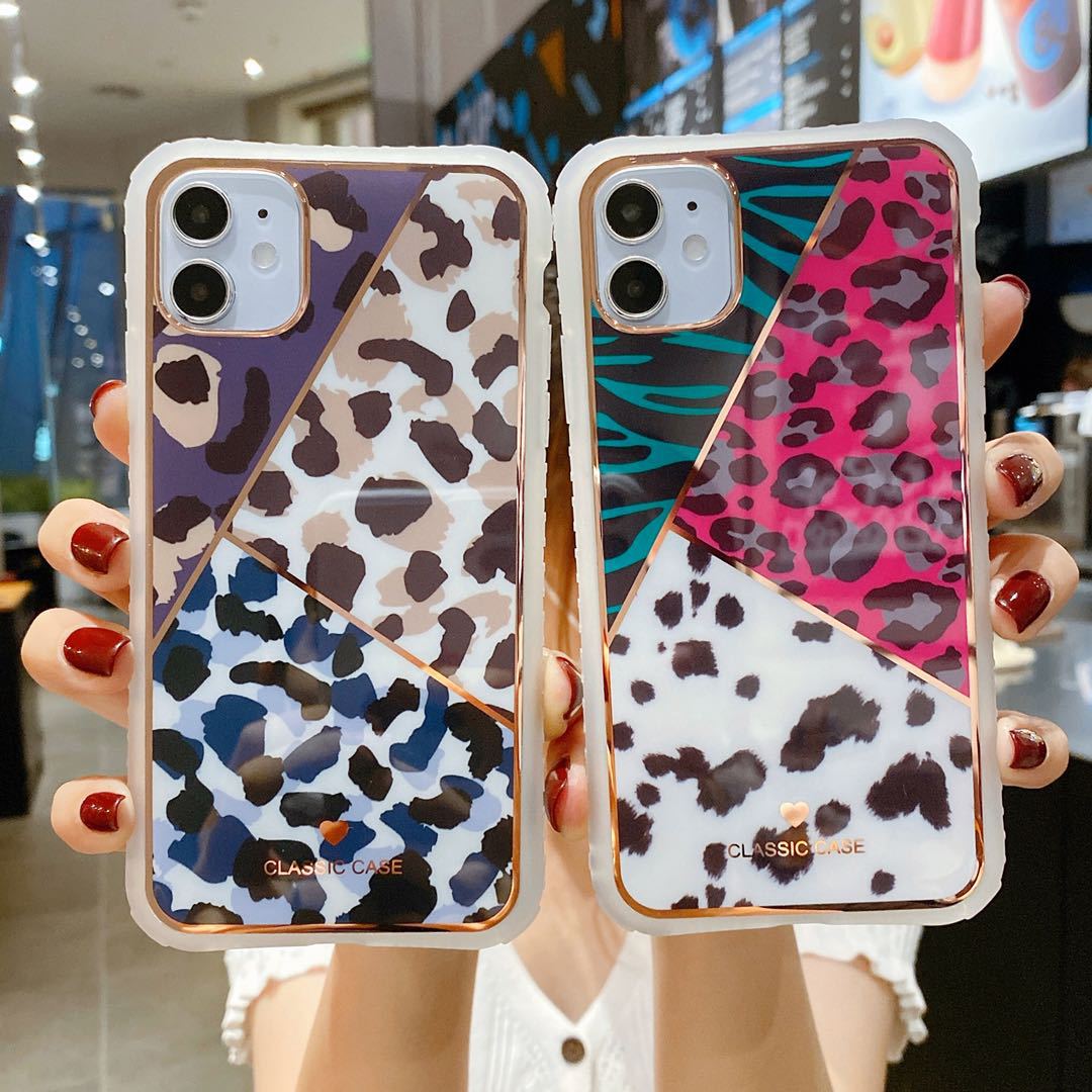 Leopard Print Heart Pattern Electroplated Protective Silicone Phone Case