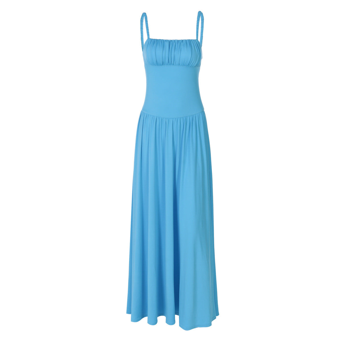 Off-neck Pleated Stitching High Waist Slimming Solid Color Sling Dress