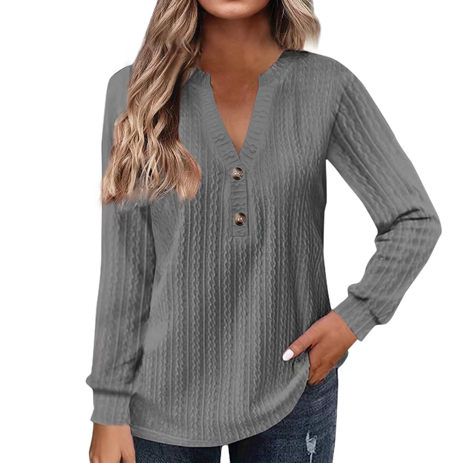 Women's Solid-color Long-sleeve V-neck Button T-shirt Top