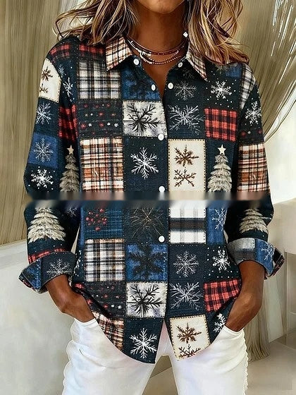 Women's Long-Sleeve Shirt Casual Loose-Fit Plus-Size Collared Blouse