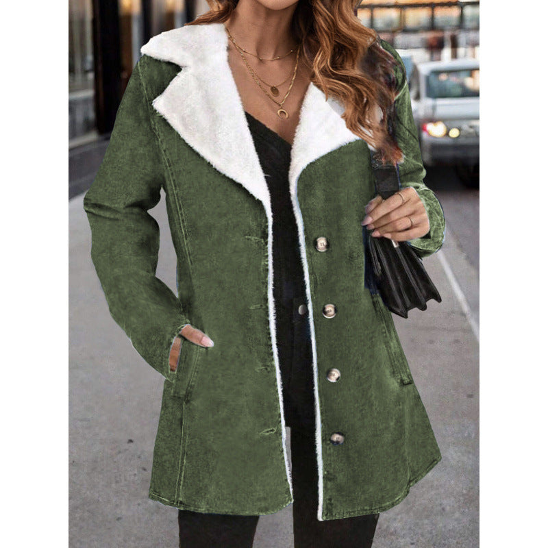 Women's Solid Color Plush Lapel Mid-length Coat