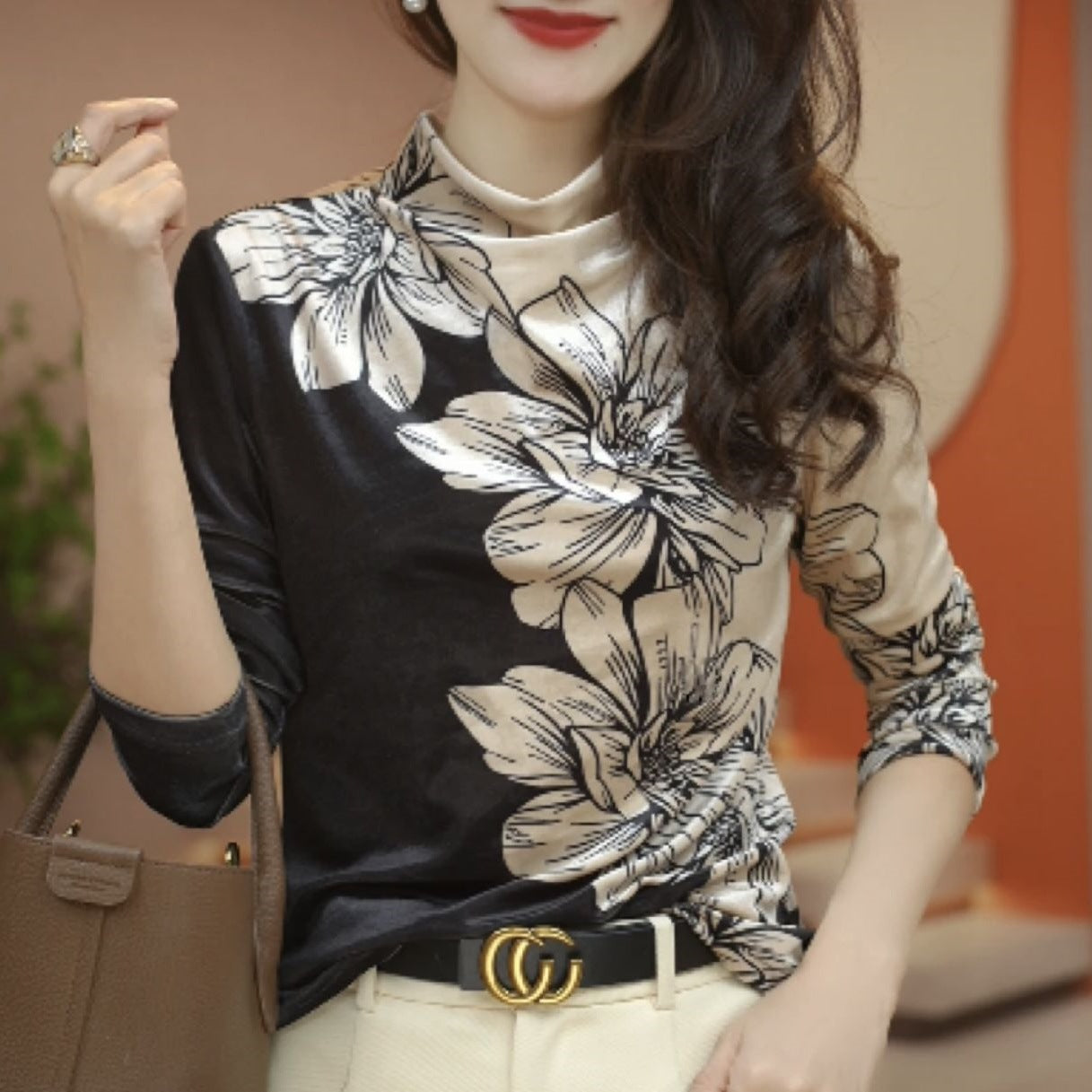 Velvet Accent Floral Top Women's Base Shirt