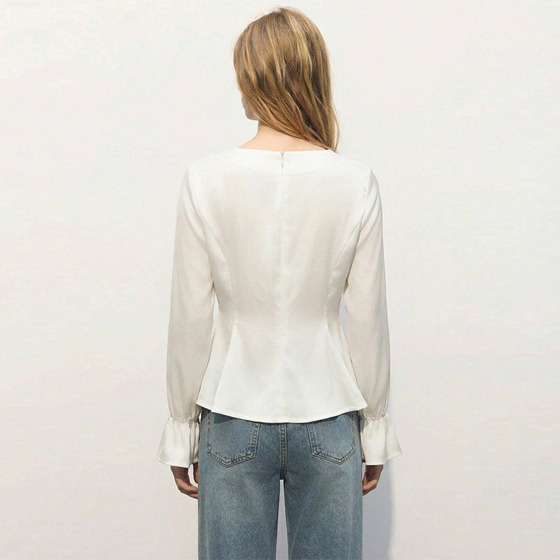 U-neck Puffed-sleeve Pullover Shirt