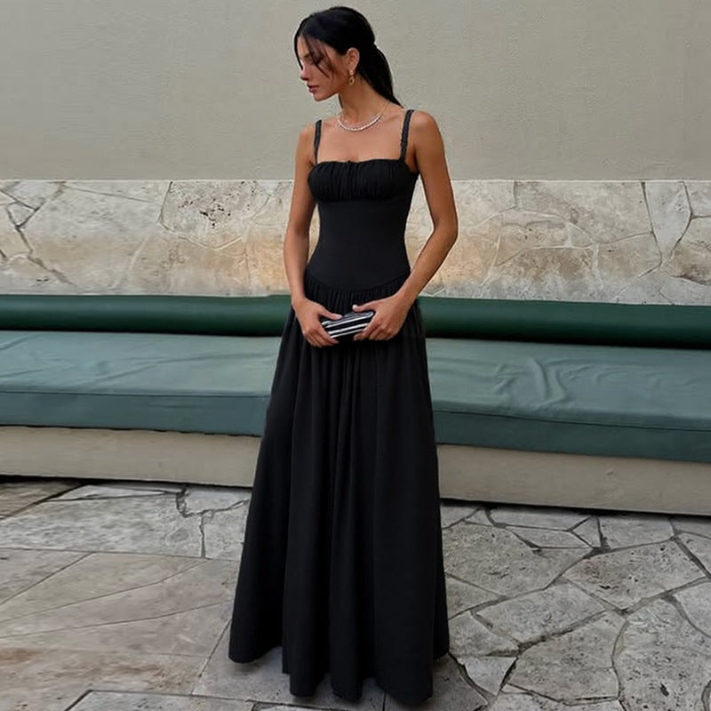 Off-neck Pleated Stitching High Waist Slimming Solid Color Sling Dress