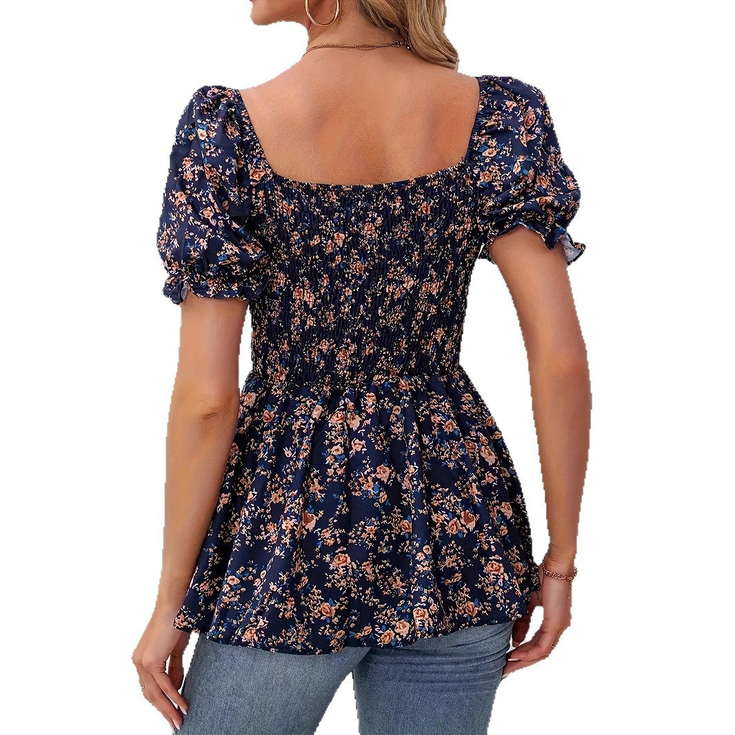 Square Neck Smocked Floral Puff Sleeve Vacation Blouse For Women