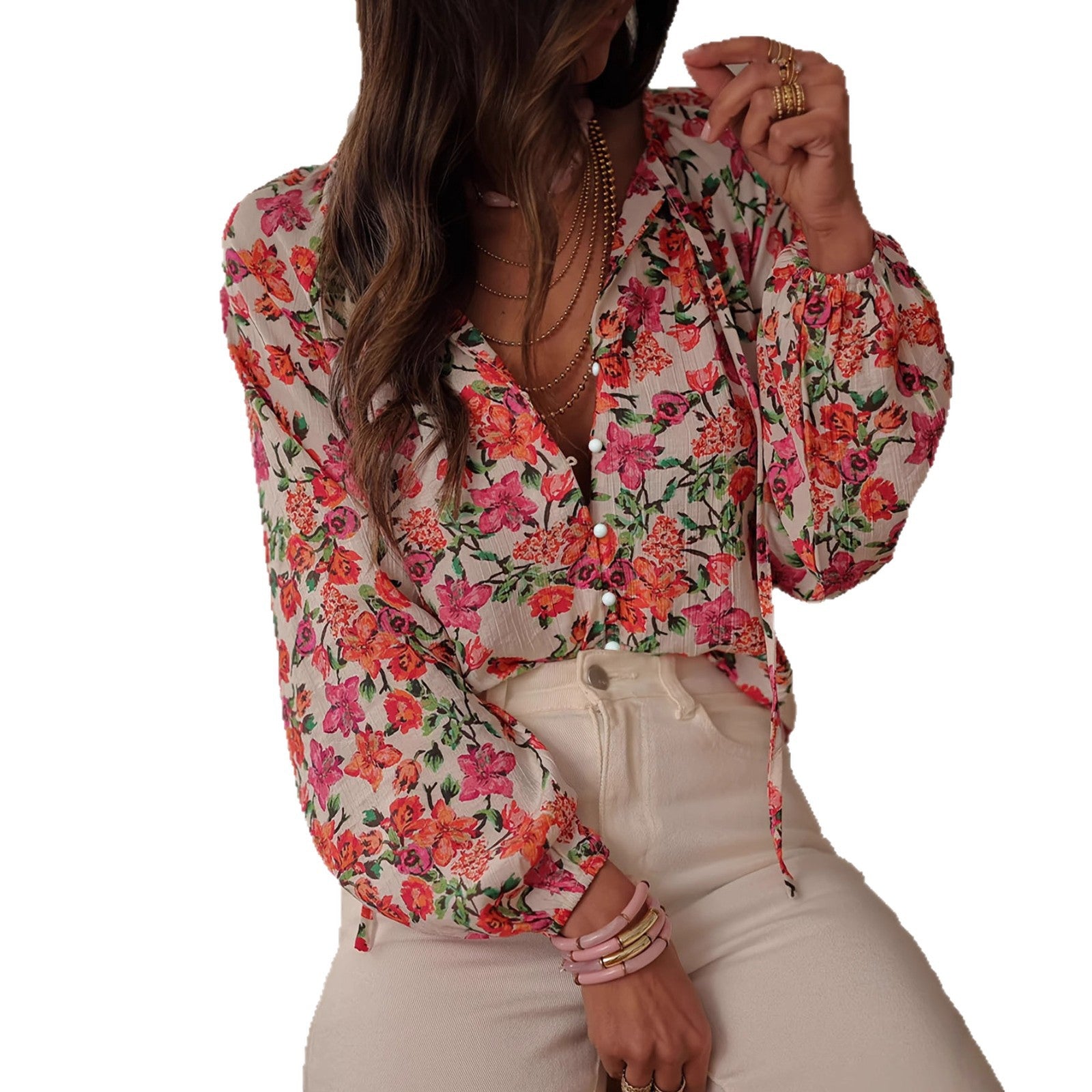 Women's Retro Colorblock Rose Embroidered Shirt Top