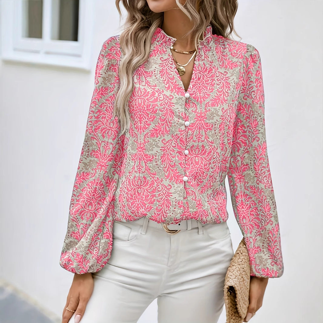 Full Print Lantern Sleeve Ruffled Trim Shirt