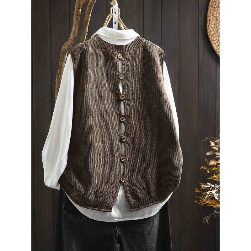 Back Buttoned Cotton Thread Knitted Vest Women