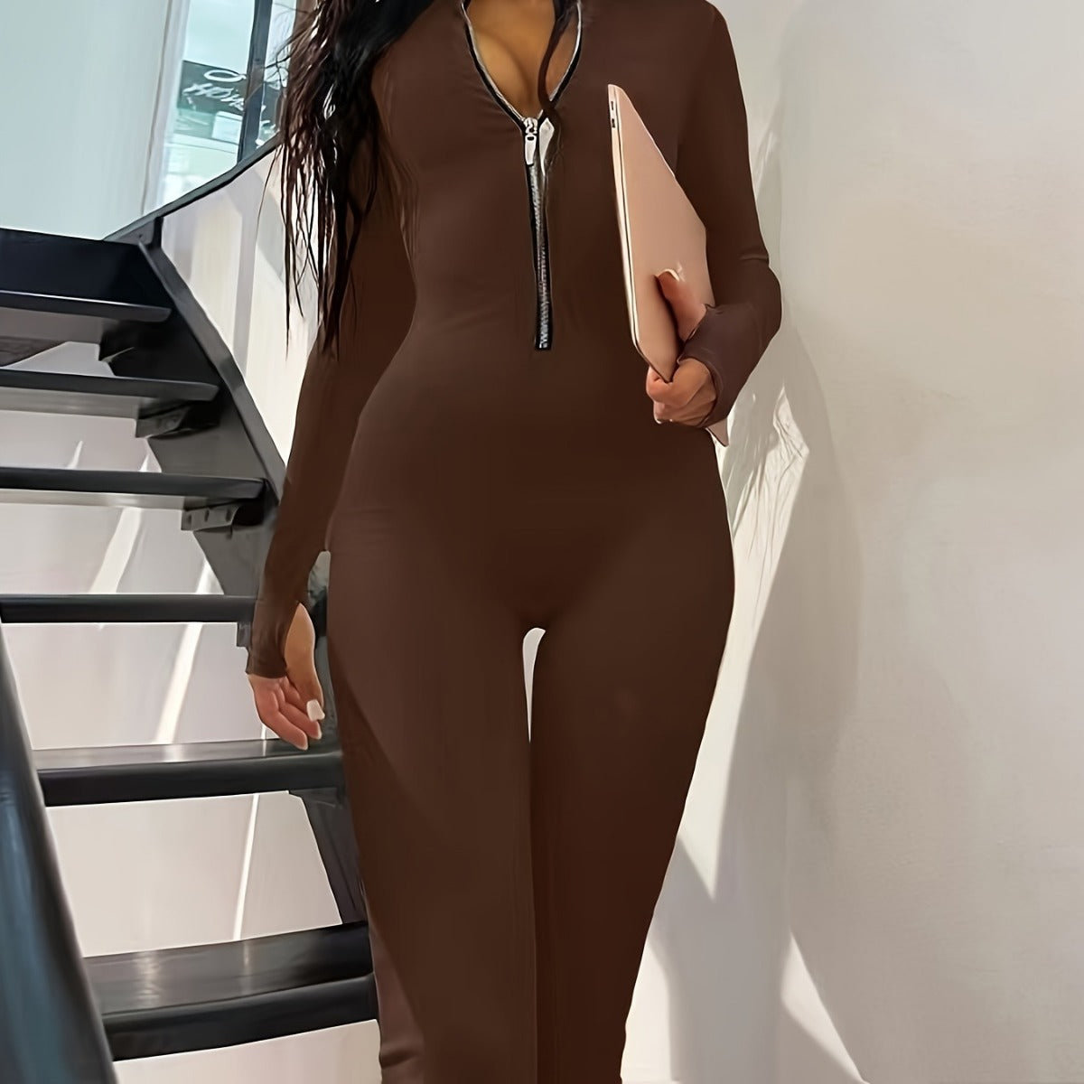 Women's Long Sleeve Jumpsuit With Long Metal Zipper For Autumn And Winter