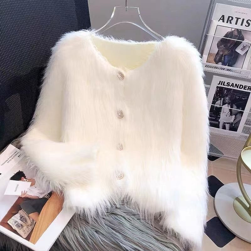 Women's Faux Mink Velvet Knit Cardigan Sweater Coat, Thickened For Autumn And Winter 2025, New Short European Style, Soft And Plush