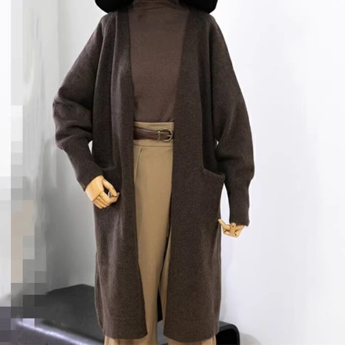 Mid-length Sweater Women's Solid Color V-neck Knitted Jacket