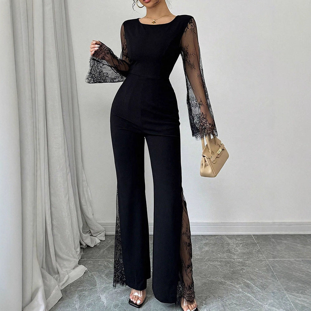 Lace-embellished Long-sleeve Crew-neck Bodycon Jumpsuit With A Cinched Waist And Hip-lifting Design