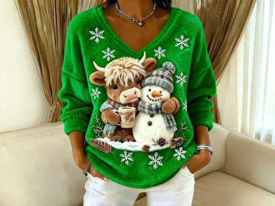 Fashionable Digital-Printed Christmas Women's V-Neck Sweater