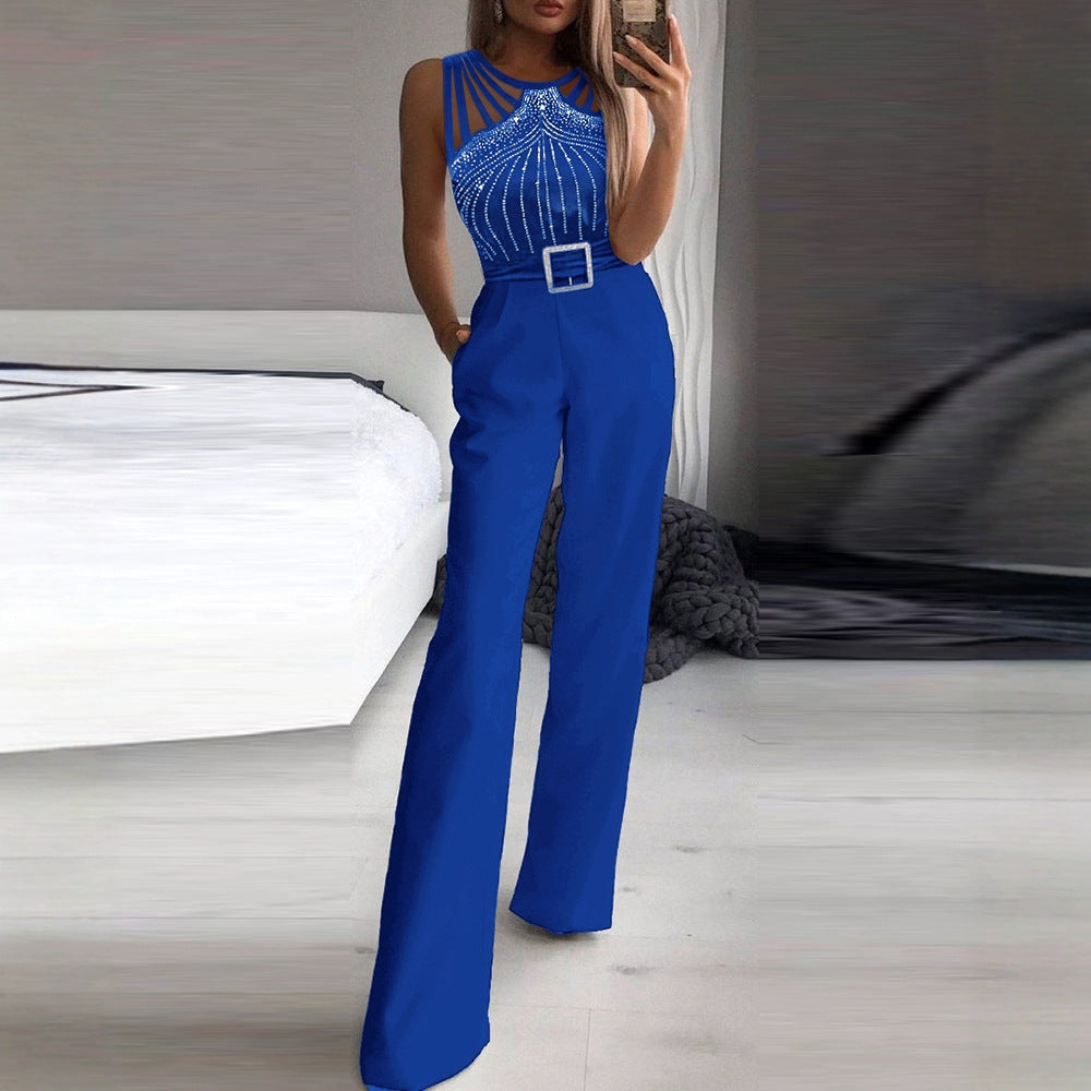European And American-style Rhinestone-embellished Sexy Strapless Sleeveless Waist-cinching Jumpsuit