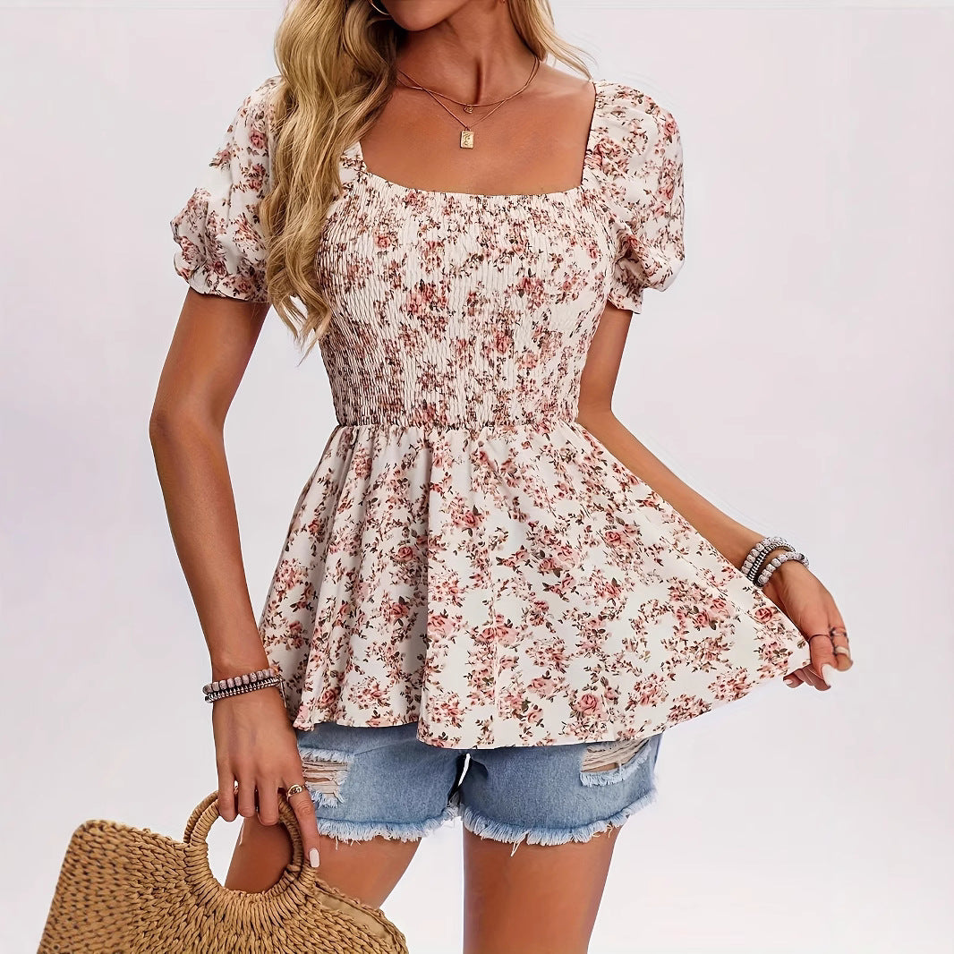 Women's Casual Square Neck Smocked Floral Vacation Blouse