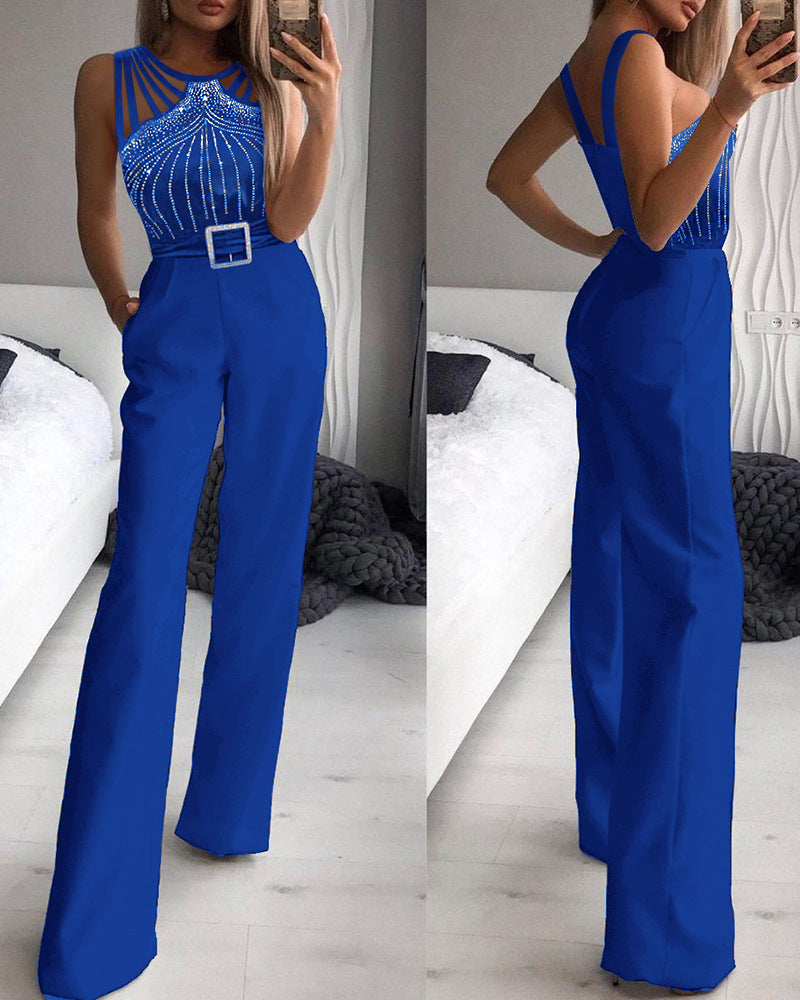 European And American-style Rhinestone-embellished Sexy Strapless Sleeveless Waist-cinching Jumpsuit