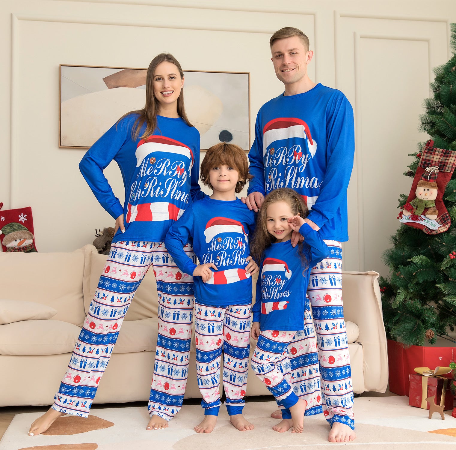 Blue and White Merry Christmas Matching Family Pajama Set-Blue-Theone Apparel