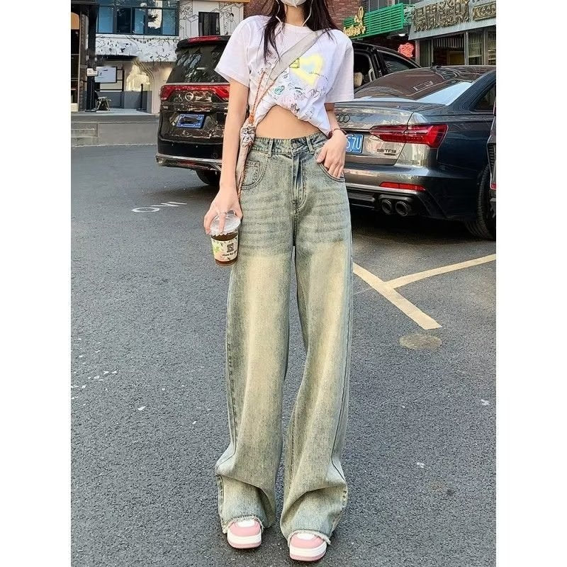 Cement Yellow Wide-Leg Jeans with Retro Spring Vibe-Theone Apparel