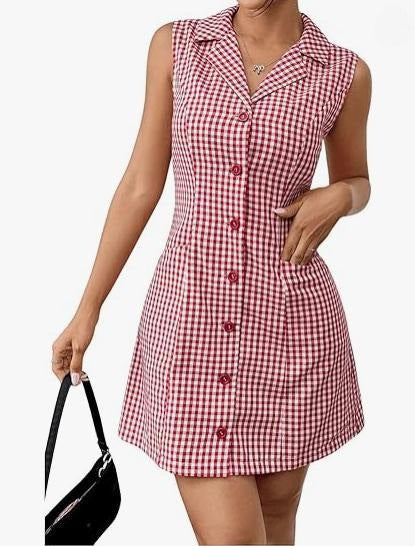 Chic French Plaid Lapel Dress with Vintage Retro Allure-Red-Theone Apparel