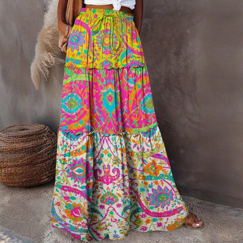 Color Block Floral Maxi Skirt With Elastic Drawstring Waist-Theone Apparel