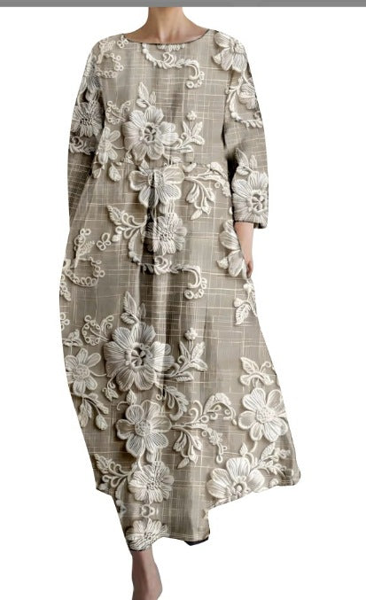 Creative Three-Quarter Sleeve Floral Dress with Relaxed Silhouette-Light Gray-Theone Apparel