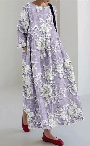Creative Three-Quarter Sleeve Floral Dress with Relaxed Silhouette-Light Purple-Theone Apparel
