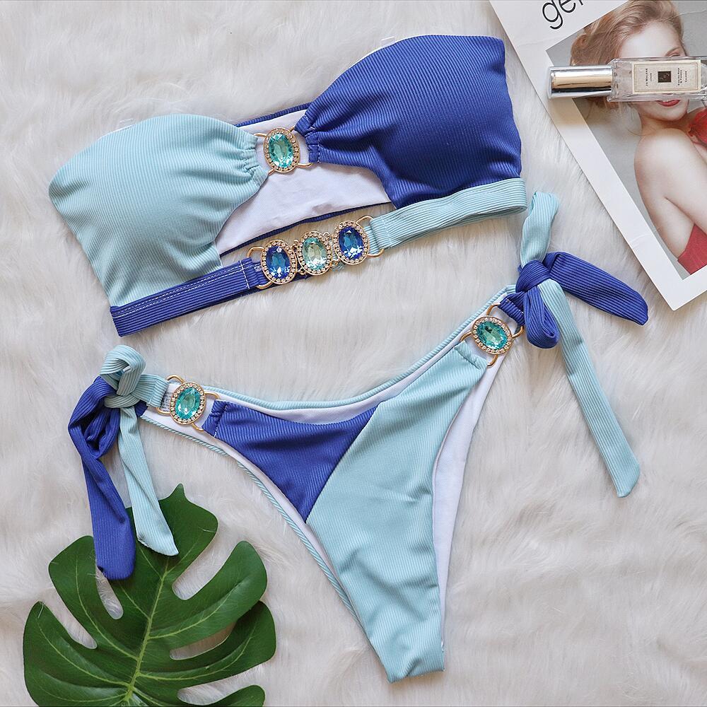 Crystal Diamond Bikini with Detachable Chest Pad for Elegance-Blue-Theone Apparel
