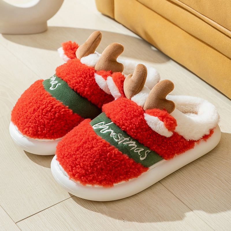Cute and Whimsical 3D Reindeer Fleece Slippers with Traction-Bright red-Theone Apparel