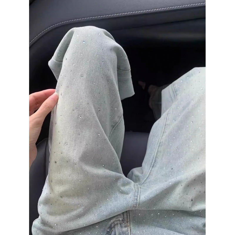 Designer Rhinestone Jeans with Draped Slim Wide-Leg Shape-Theone Apparel