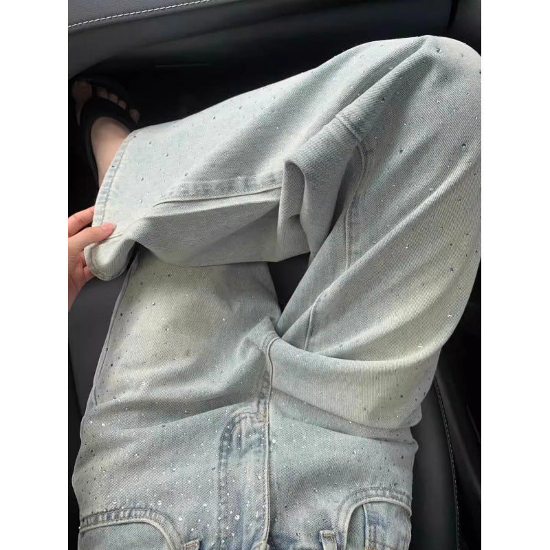 Designer Rhinestone Jeans with Draped Slim Wide-Leg Shape-Blue-Theone Apparel