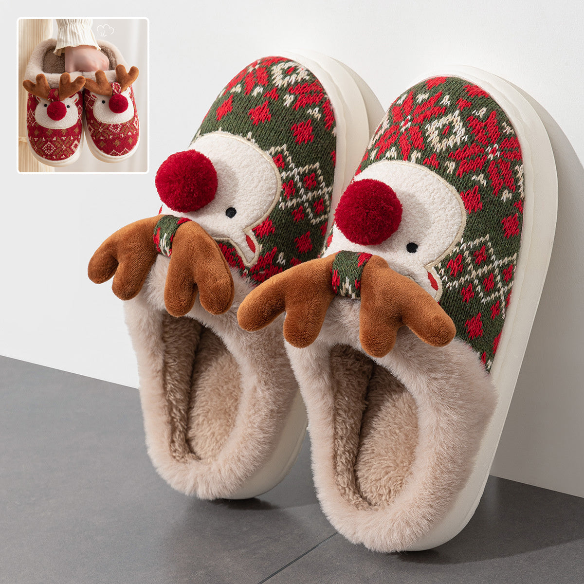 Durable and Soft 3D Reindeer House Shoes with Traction Soles-Theone Apparel
