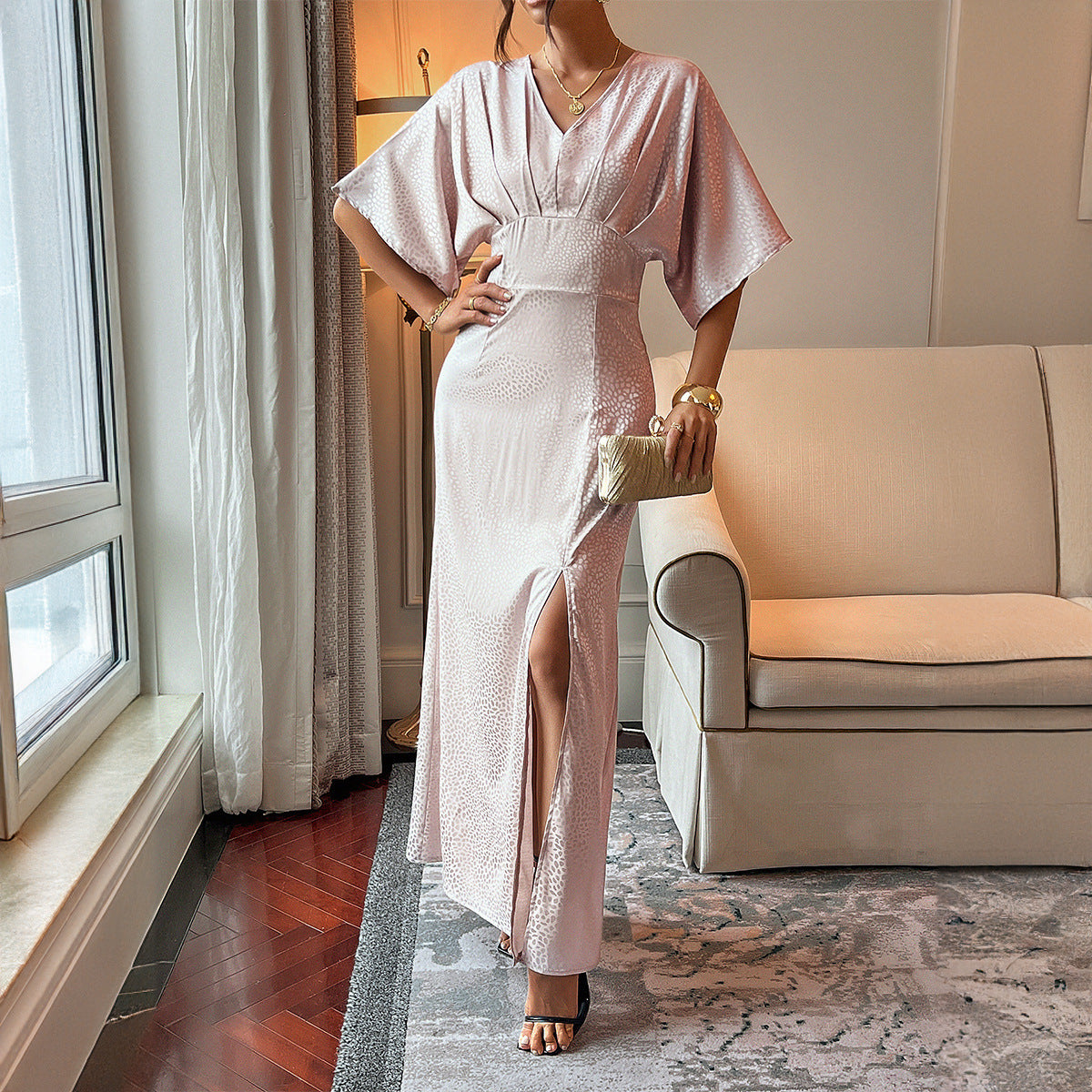 Elegant Midi Split Dress with Retro Short Sleeves and Charm-Theone Apparel