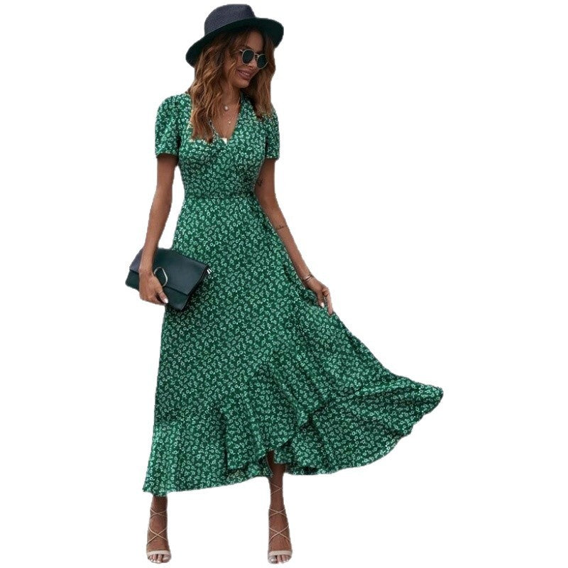 Elegant Ruffled V-Neck Chiffon Dress with Tied Waist Detail-Theone Apparel