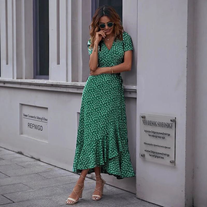 Elegant Ruffled V-Neck Chiffon Dress with Tied Waist Detail-Theone Apparel