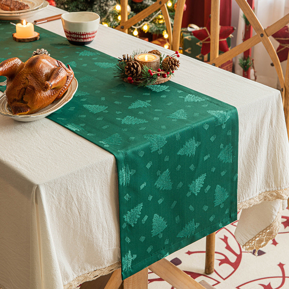 Elegant Satin Polyester Jacquard Christmas Table Runner in Assorted Colors-Green with Christmas Tree-Theone Apparel