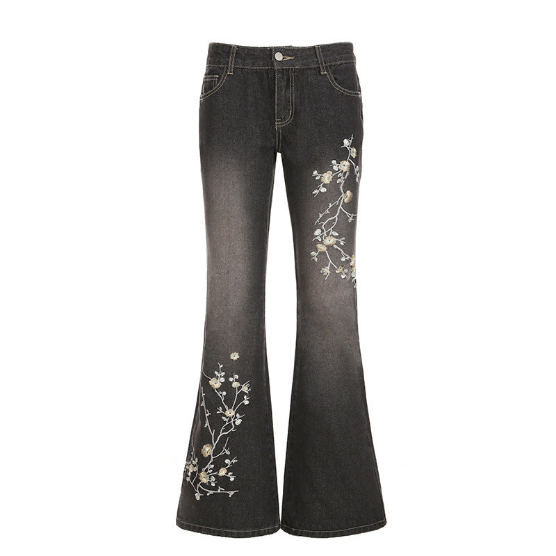 Embroidered White Skinny Jeans with Retro Floral Detail-Theone Apparel