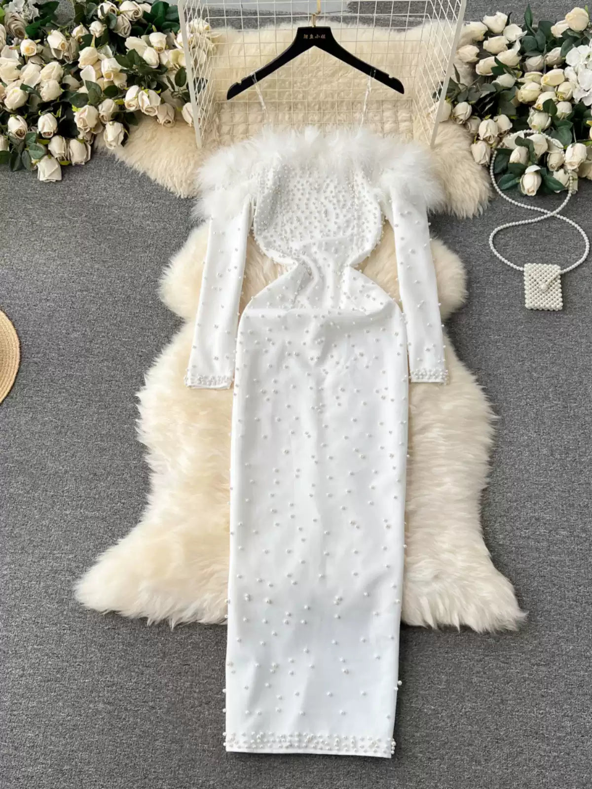 Feathery Top Long Form Fitting Maxi Dress